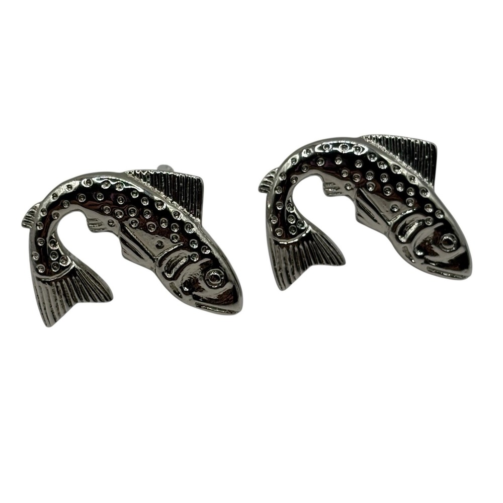 Fish Big Mouth Bass Cufflinks Fishing Silver Tone Metal Shiny Modern River Lake